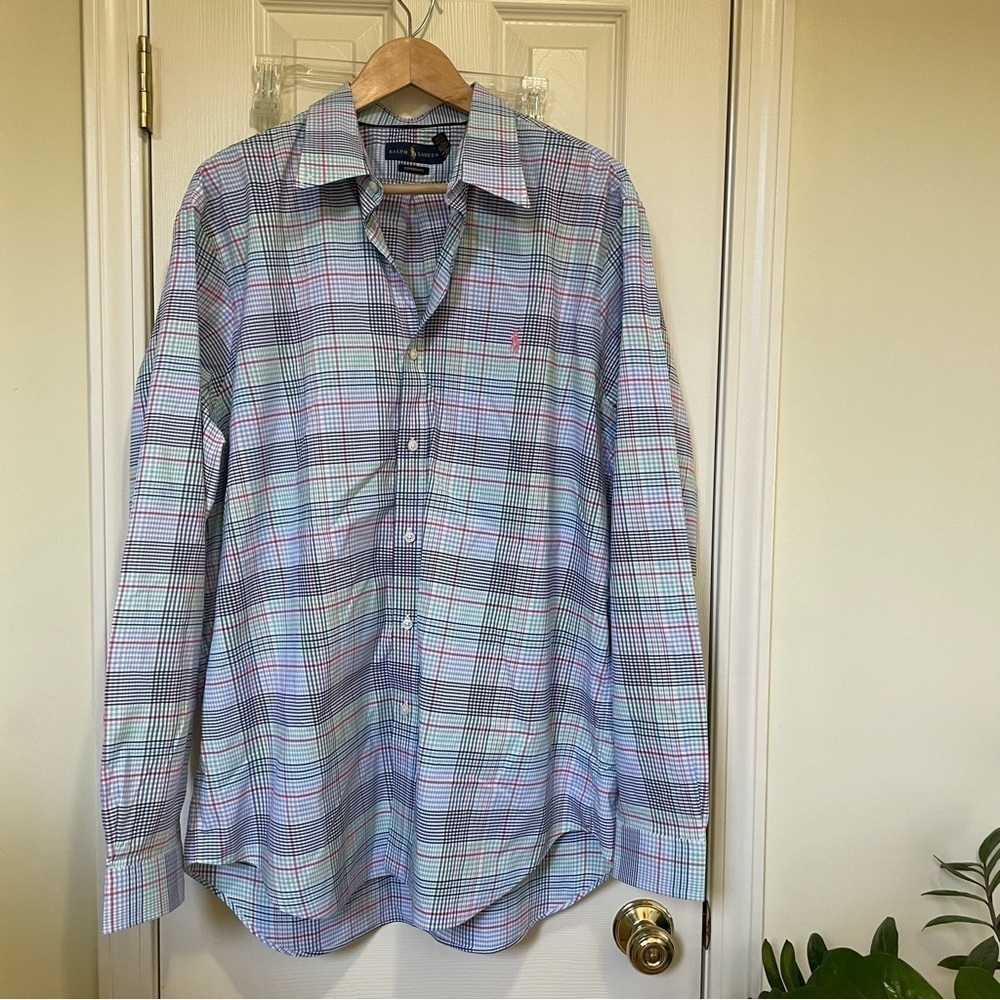 Ralph Lauren Blue Plaid Performace button down Top XXL